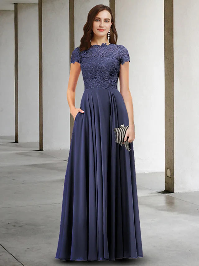 Wholesale A-Line Mother of the Bride Dress Elegant Jewel Neck Floor Length Chiffon Lace Short Sleeve with Pleats Appliques
